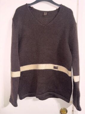 Dolce & Gabbana Brown V-Neck Knit Sweater with Cream Band